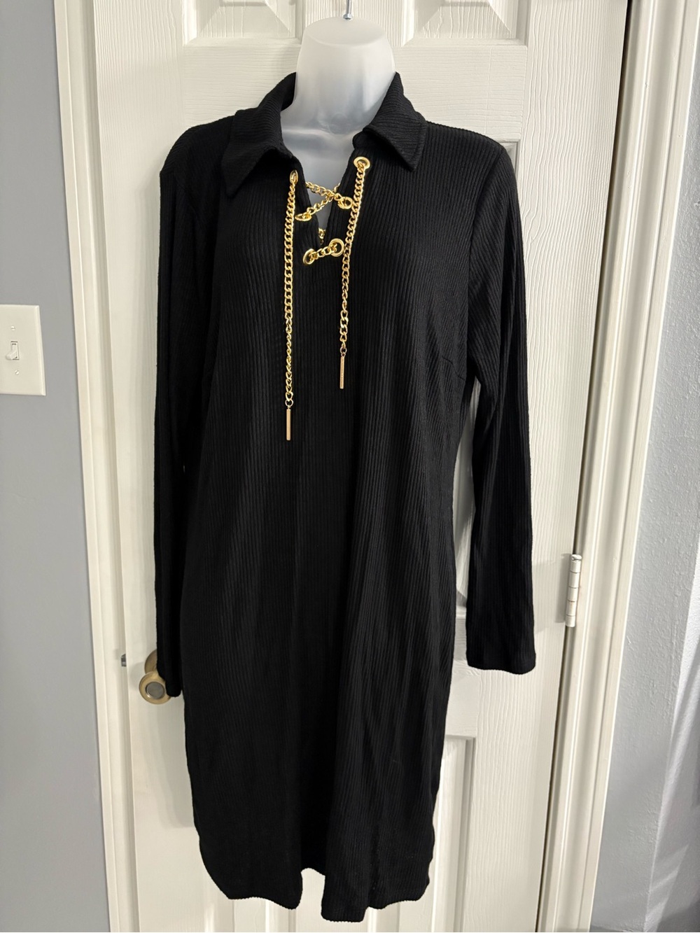 Michael Kors Black Long-Sleeve Knit Dress with Gold Chain Accents